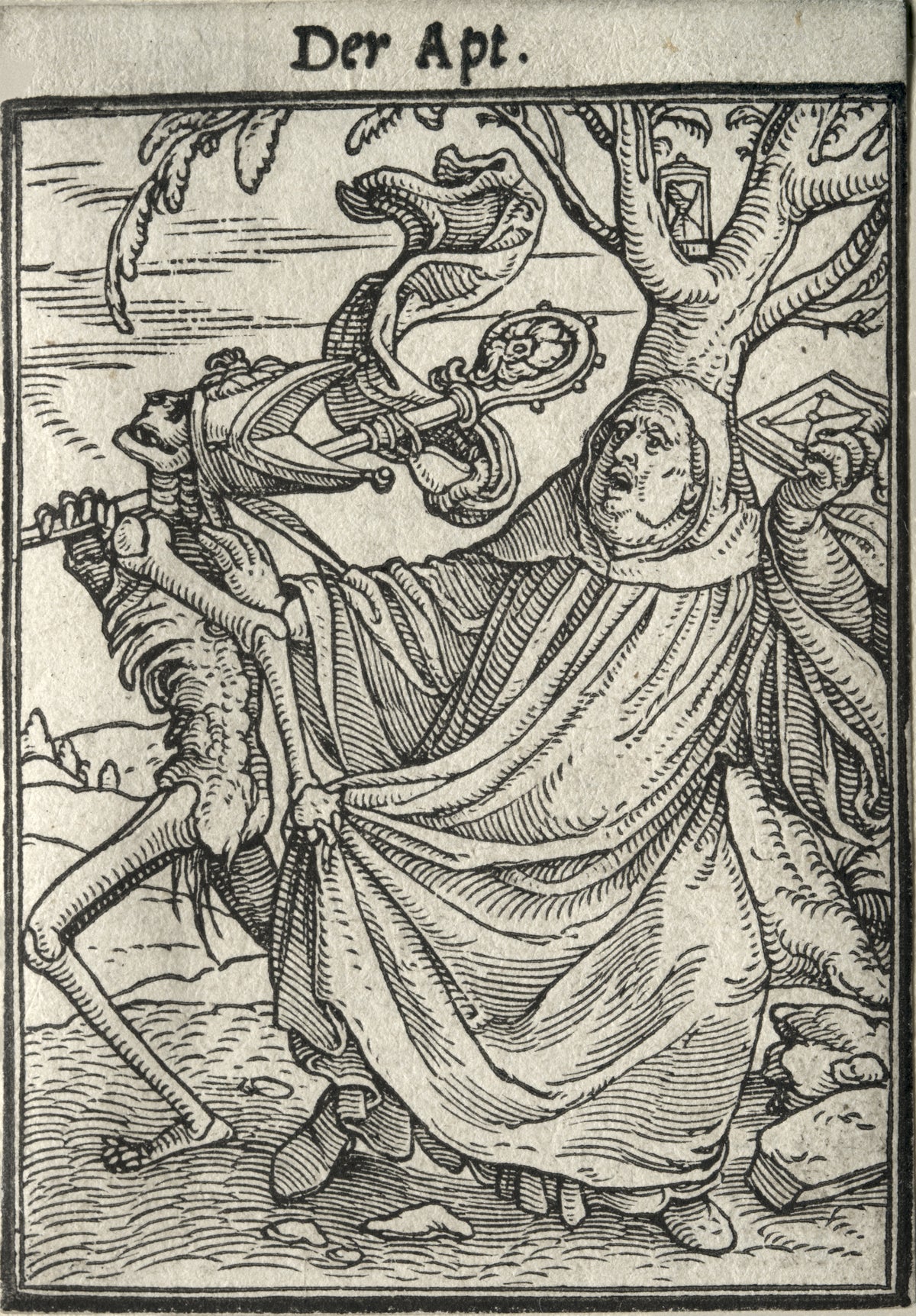 The Dance of Death: Der Apt (The Abbot) by Hans Holbein the Younger — A skeleton in a mitre drags a stout abbot off by his robe