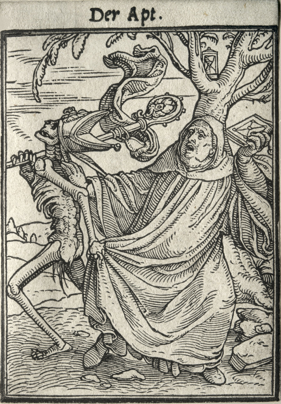 Hans Holbein the Younger — The Dance of Death: Der Apt (The Abbot) | Woodcut Print shown to scale on a wall above a sofa