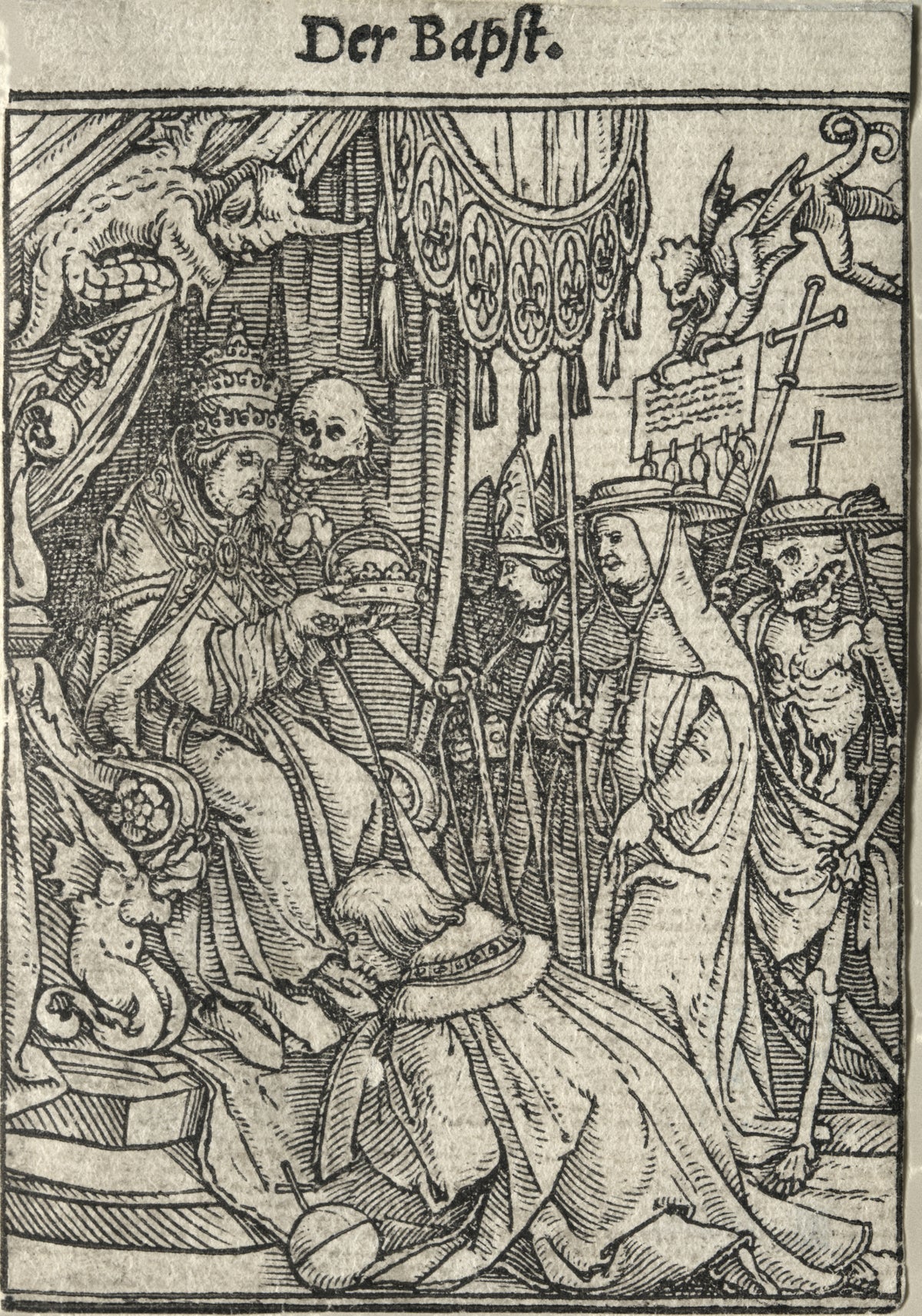 The Dance of Death: Der Bapst (The Pope) by Hans Holbein the Younger — A skeleton leans at the pope's shoulder as he crowns an emperor