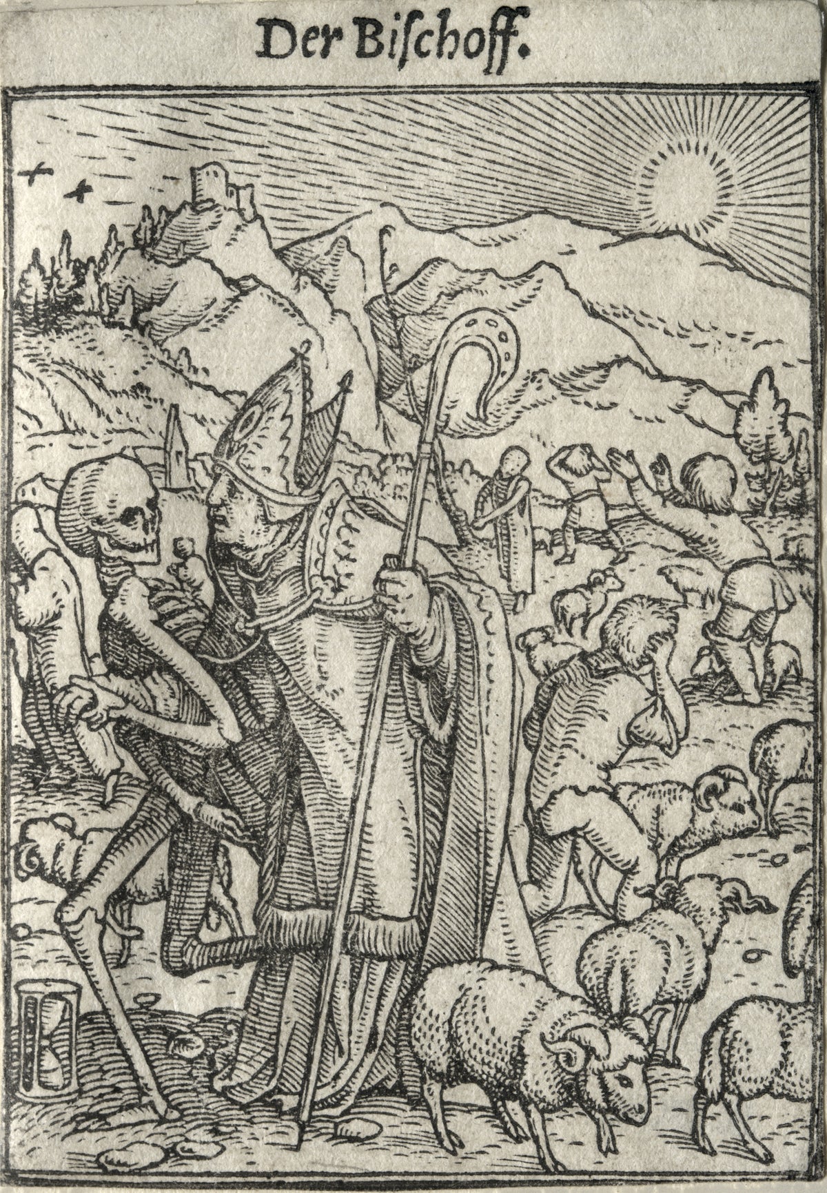 The Dance of Death: Der Bischoff (The Bishop) by Hans Holbein the Younger — A skeleton leads a mitred bishop away as his shepherds scatter