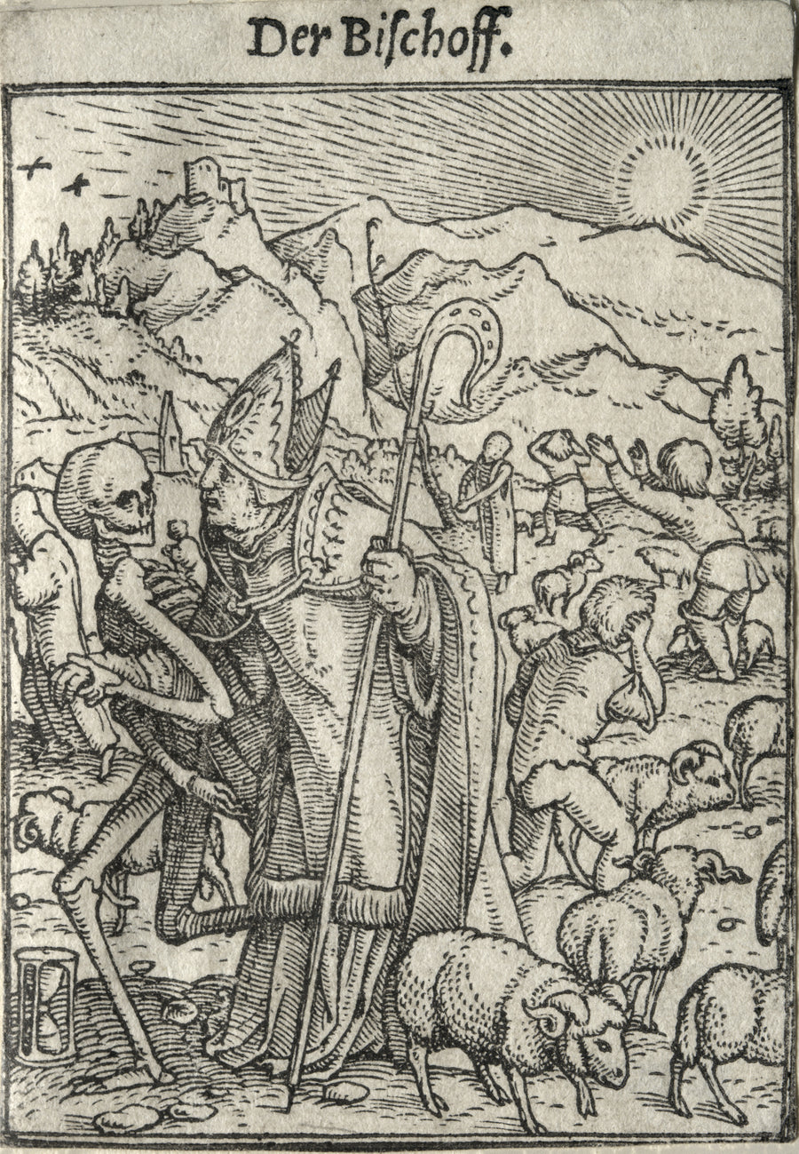 Hans Holbein the Younger — The Dance of Death: Der Bischoff (The Bishop) | Woodcut Print shown to scale on a wall above a sofa