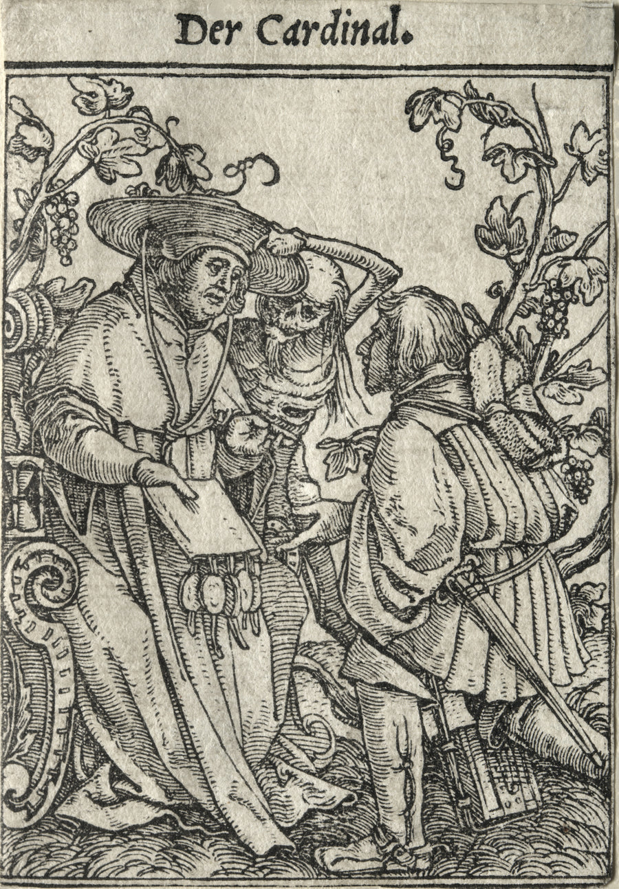 Hans Holbein the Younger — The Dance of Death: Der Cardinal (The Cardinal) | Woodcut Print shown to scale on a wall above a sofa