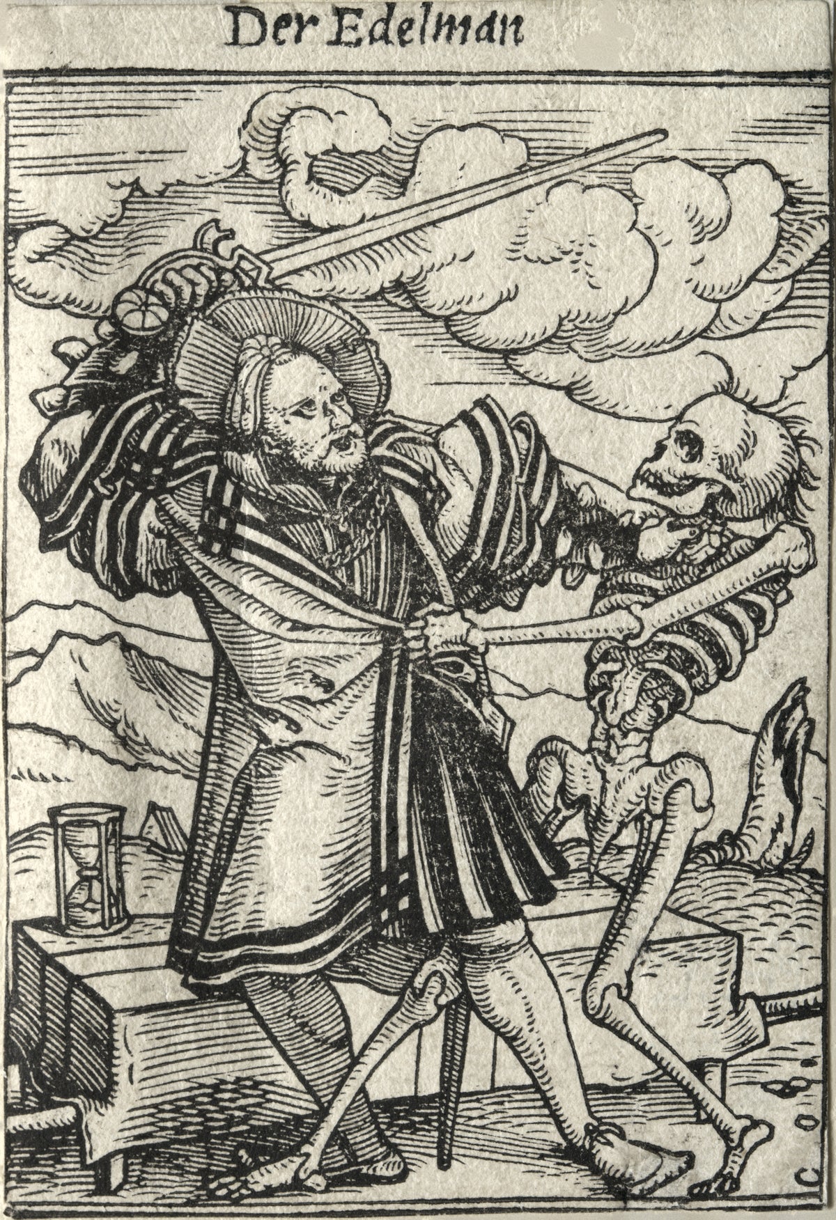 The Dance of Death: Der Edelman (The Nobleman) by Hans Holbein the Younger — A nobleman swings his sword as a skeleton drags him by the coat