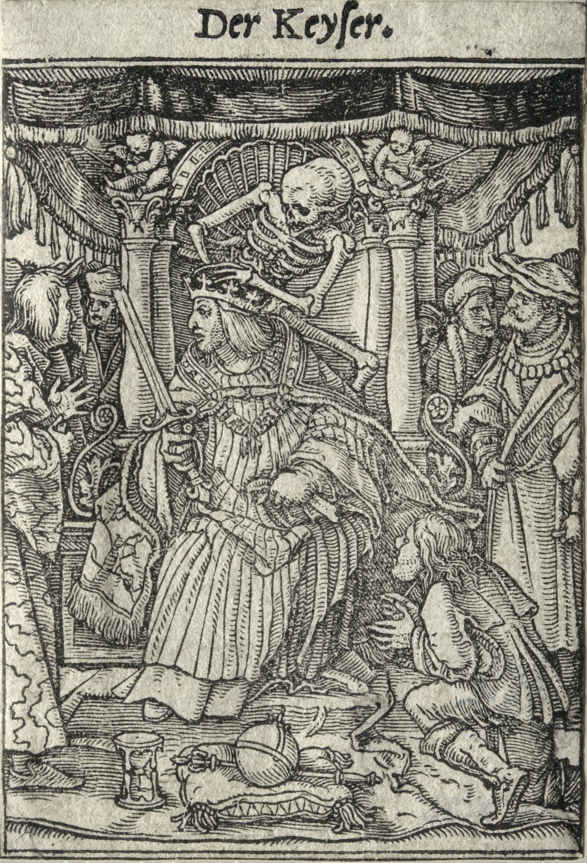 The Dance of Death: Der Keyser (The Emperor) by Hans Holbein the Younger — A skeleton leans over the throne, its arm across an emperor's crown