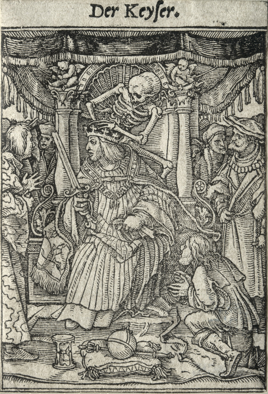 Hans Holbein the Younger — The Dance of Death: Der Keyser (The Emperor) | Woodcut Print shown to scale on a wall above a sofa
