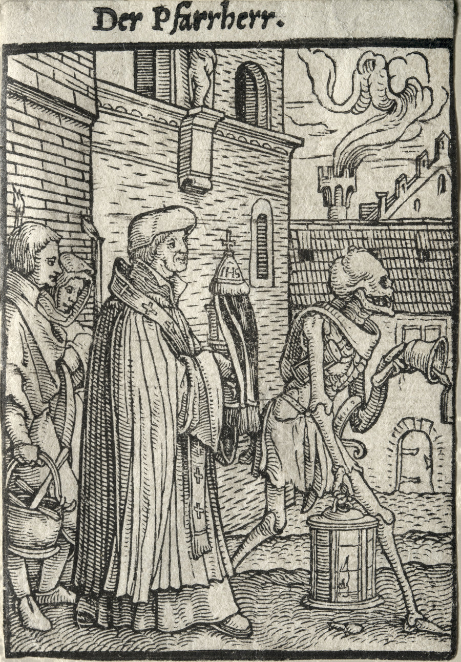 Hans Holbein the Younger — The Dance of Death: Der Pfarrherr (The Pastor) | Woodcut Print shown to scale on a wall above a sofa