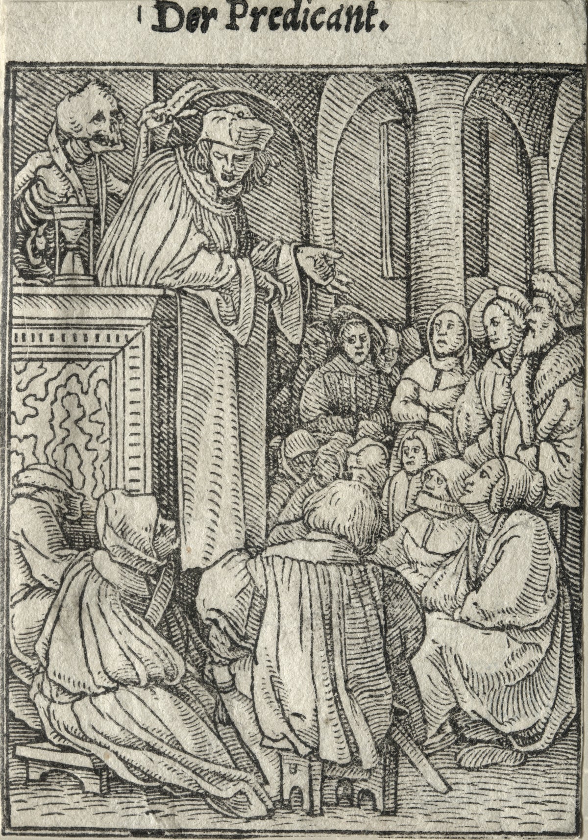 The Dance of Death: Der Predicant (The Preacher) by Hans Holbein the Younger — A skeleton in a stole rises behind a preacher in his pulpit