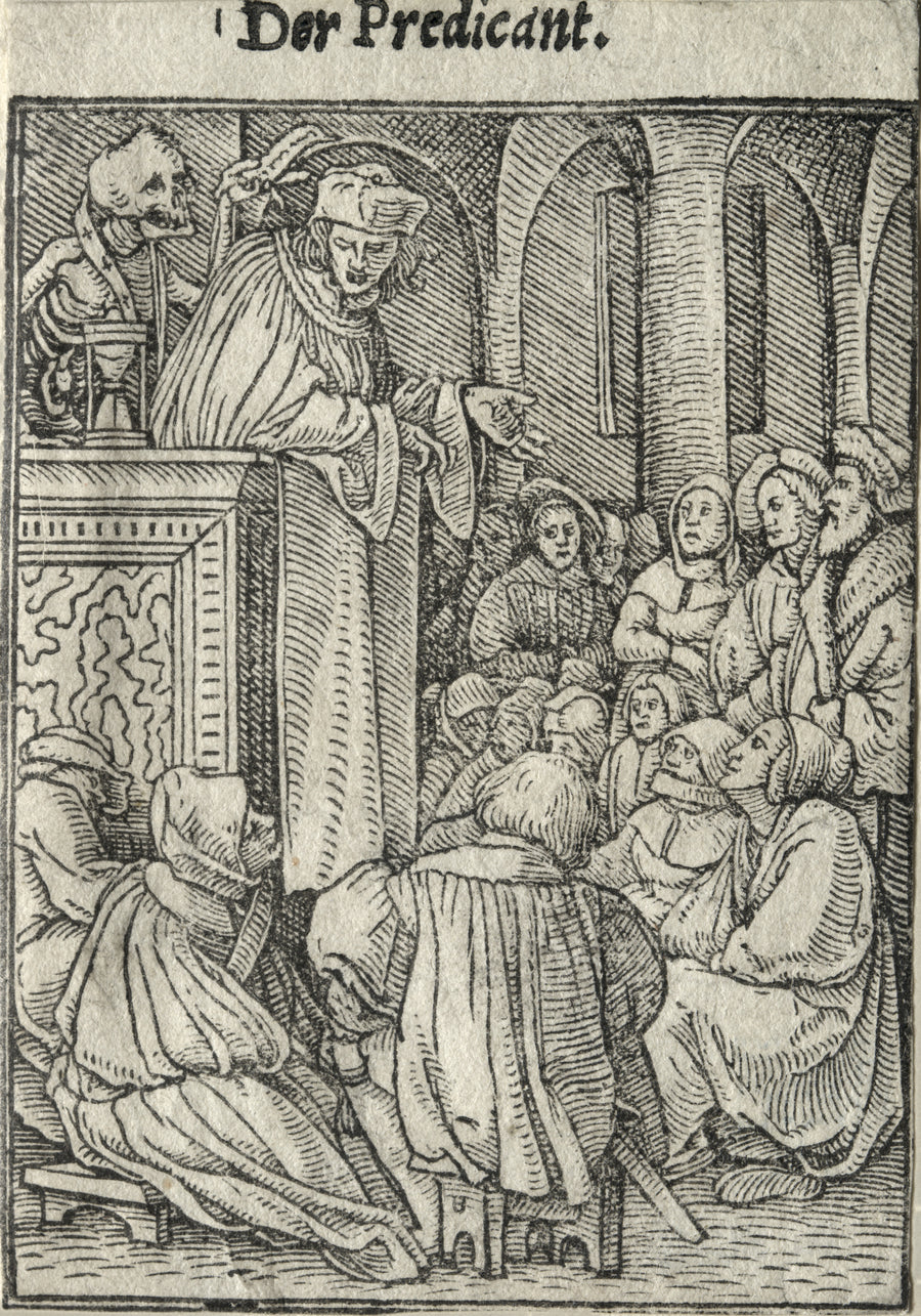 Hans Holbein the Younger — The Dance of Death: Der Predicant (The Preacher) | Woodcut Print shown to scale on a wall above a sofa