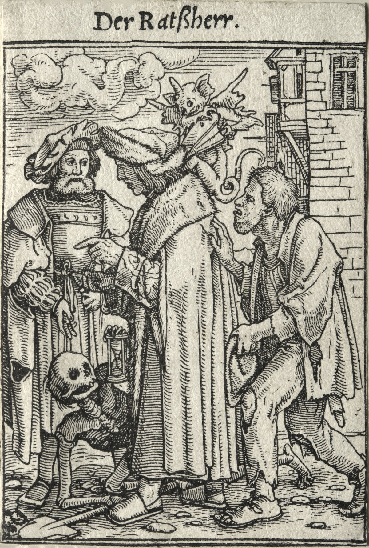 The Dance of Death: Der Ratßherr (The Councillor) by Hans Holbein the Younger — A devil with bellows whispers to a councillor as a beggar pleads