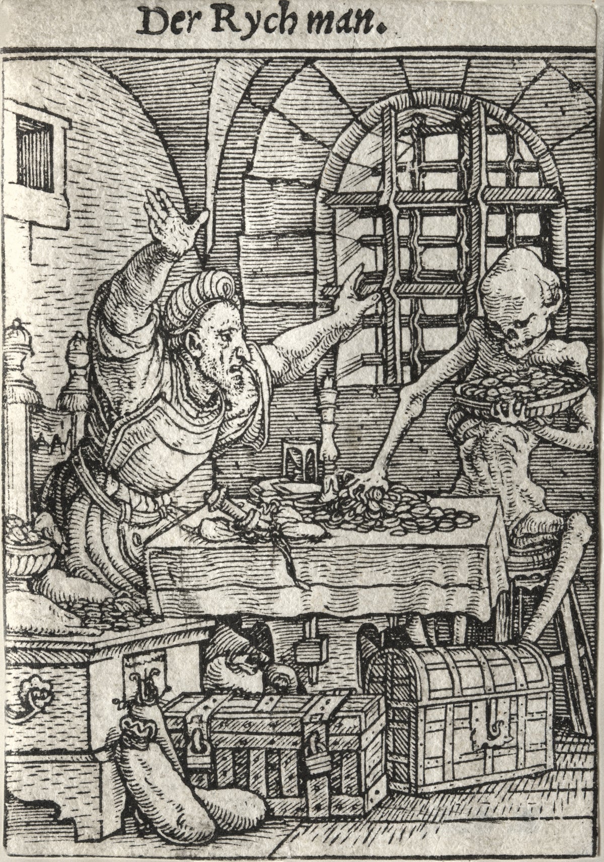 The Dance of Death: Der Rych man (The Miser) by Hans Holbein the Younger — A skeleton scoops coins from a miser's table in his vaulted strongroom
