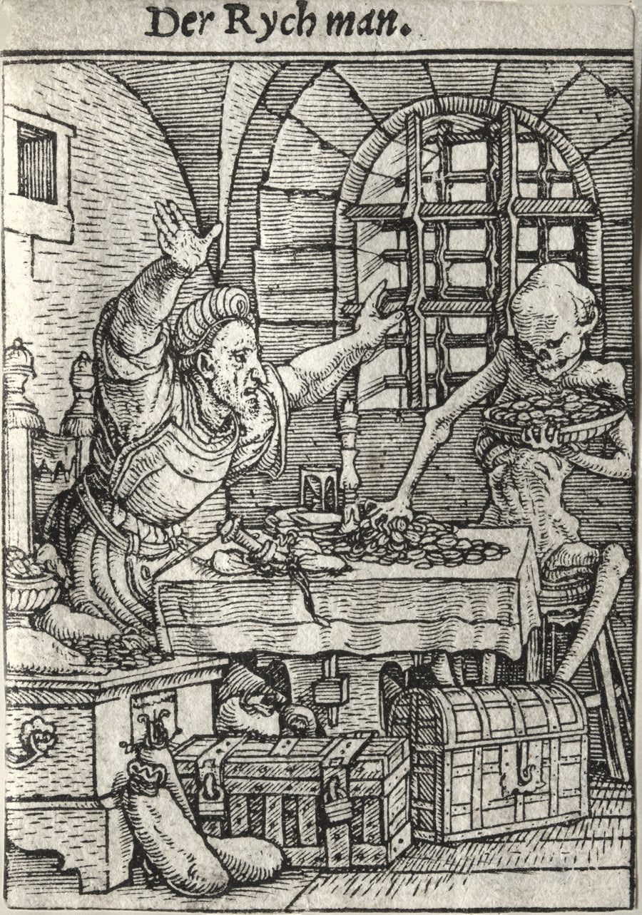 Hans Holbein the Younger — The Dance of Death: Der Rych man (The Miser) | Woodcut Print shown to scale on a wall above a sofa