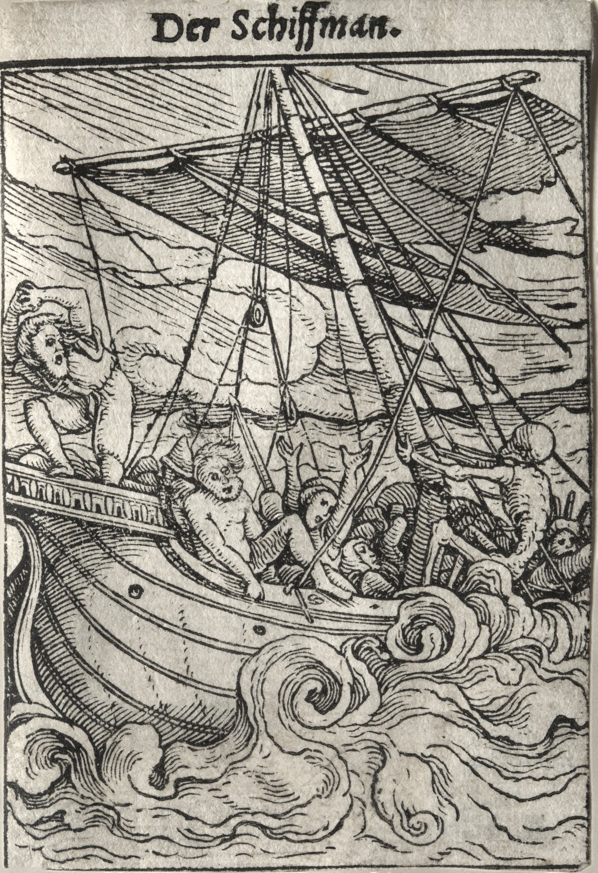 The Dance of Death: Der Schiffman (The Sailor) by Hans Holbein the Younger — A skeleton grips a broken spar on a ship pitching in heavy seas