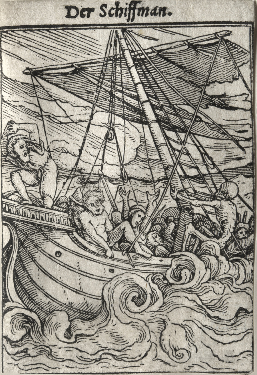 Hans Holbein the Younger — The Dance of Death: Der Schiffman (The Sailor) | Woodcut Print shown to scale on a wall above a sofa