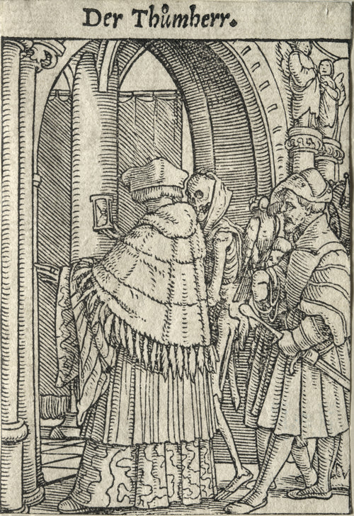 The Dance of Death: Der Thůmherr (The Canon) by Hans Holbein the Younger — A hooded skeleton holds an hourglass before a canon at a church door