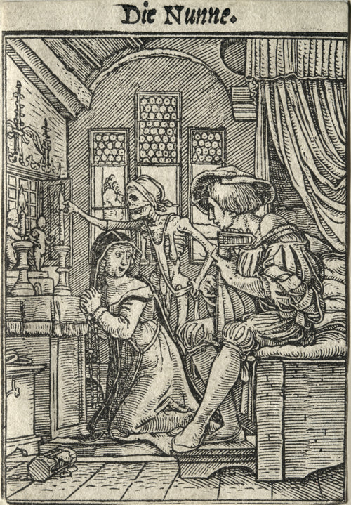 The Dance of Death: Die Nunne (The Nun) by Hans Holbein the Younger — A skeleton snuffs an altar candle as a nun turns to a lute player