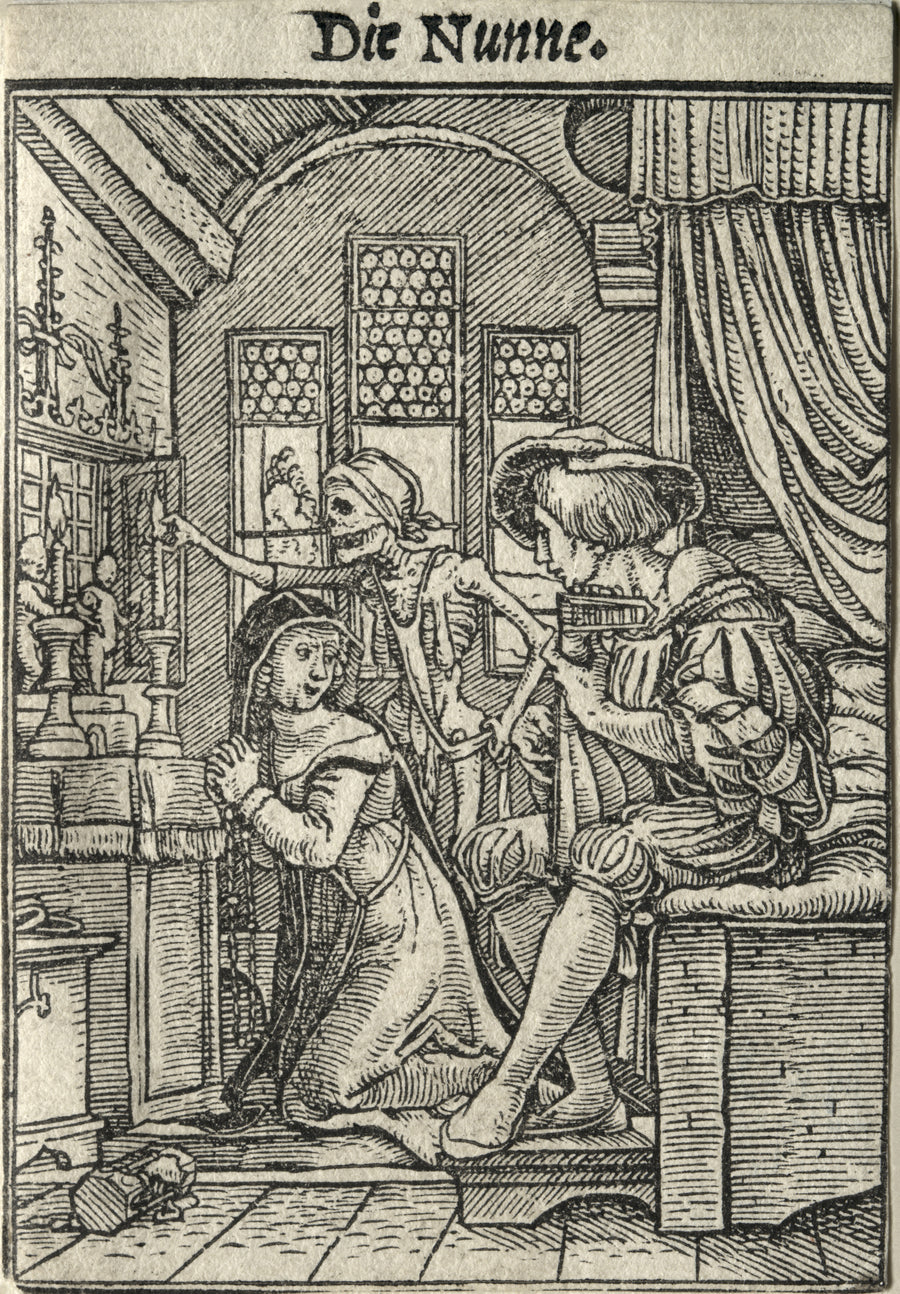 Hans Holbein the Younger — The Dance of Death: Die Nunne (The Nun) | Woodcut Print shown to scale on a wall above a sofa