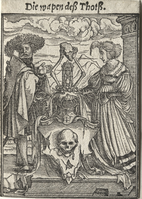 The Dance of Death: Die wapen deß Thotß (The Coat of Arms of Death) by Hans Holbein the Younger — A man and a woman flank a torn shield bearing a grinning skull