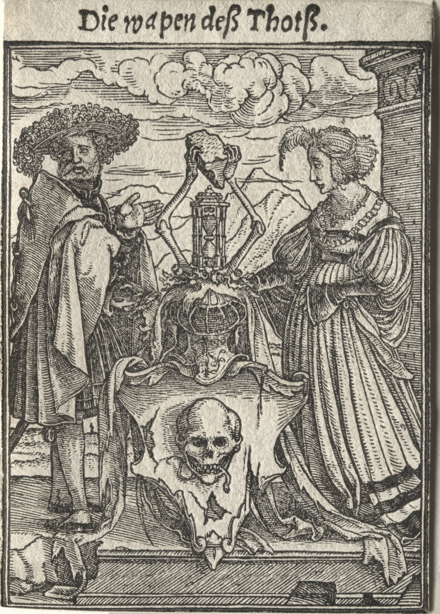 Hans Holbein the Younger — The Dance of Death: Die wapen deß Thotß (The Coat of Arms of Death) | Woodcut Print shown to scale on a wall above a sofa
