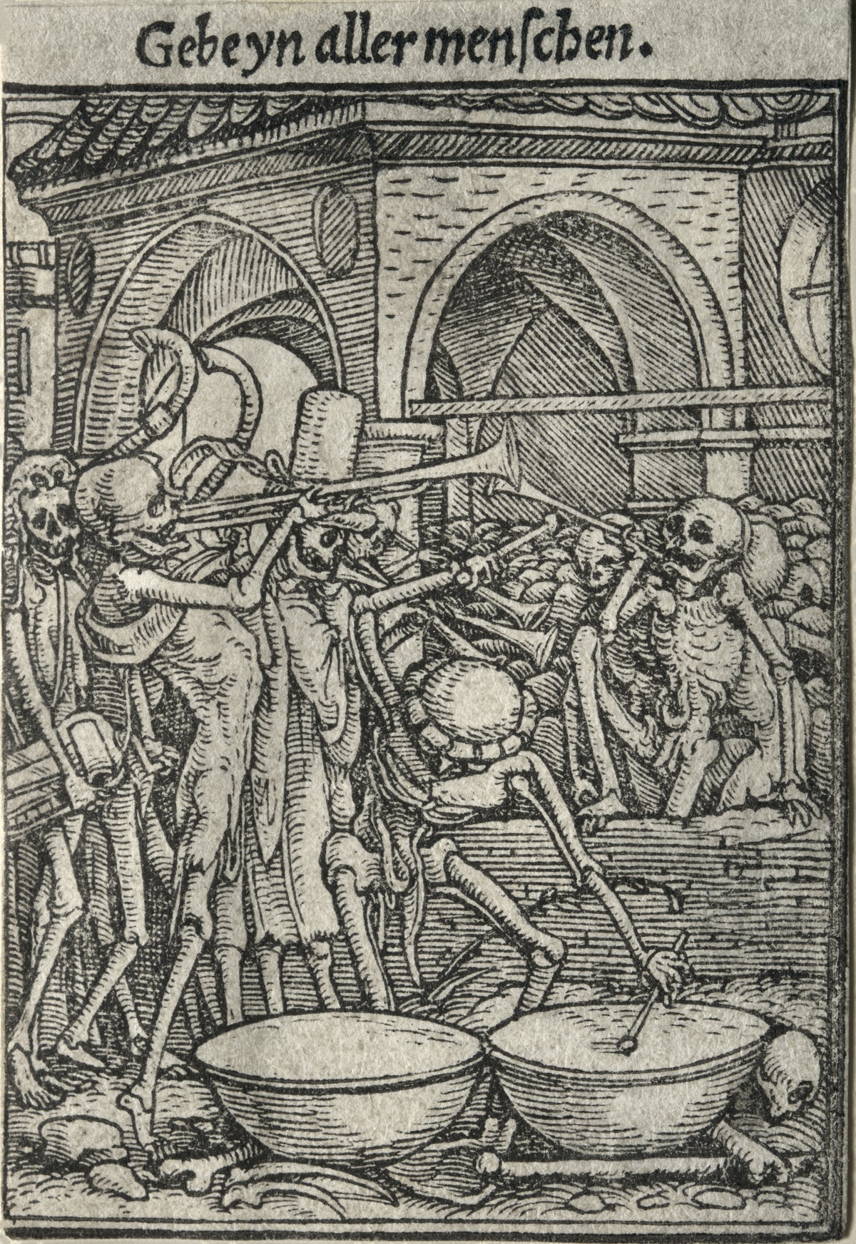 The Dance of Death: Gebeyn aller menschen (The Trumpeters of Death) by Hans Holbein the Younger — Skeletons blow long trumpets before a charnel house heaped