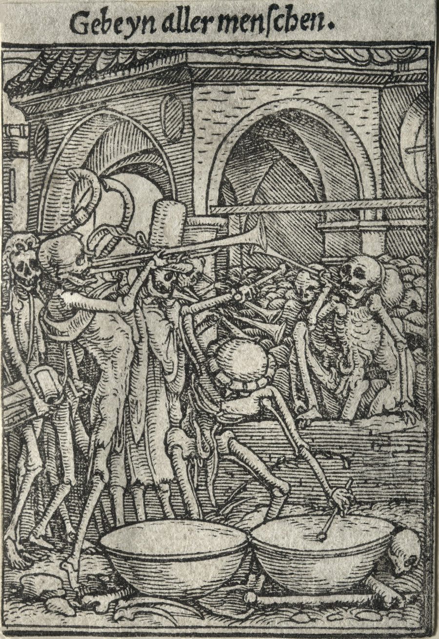Hans Holbein the Younger — The Dance of Death: Gebeyn aller menschen (The Trumpeters of Death) | Woodcut Print shown to scale on a wall above a sofa