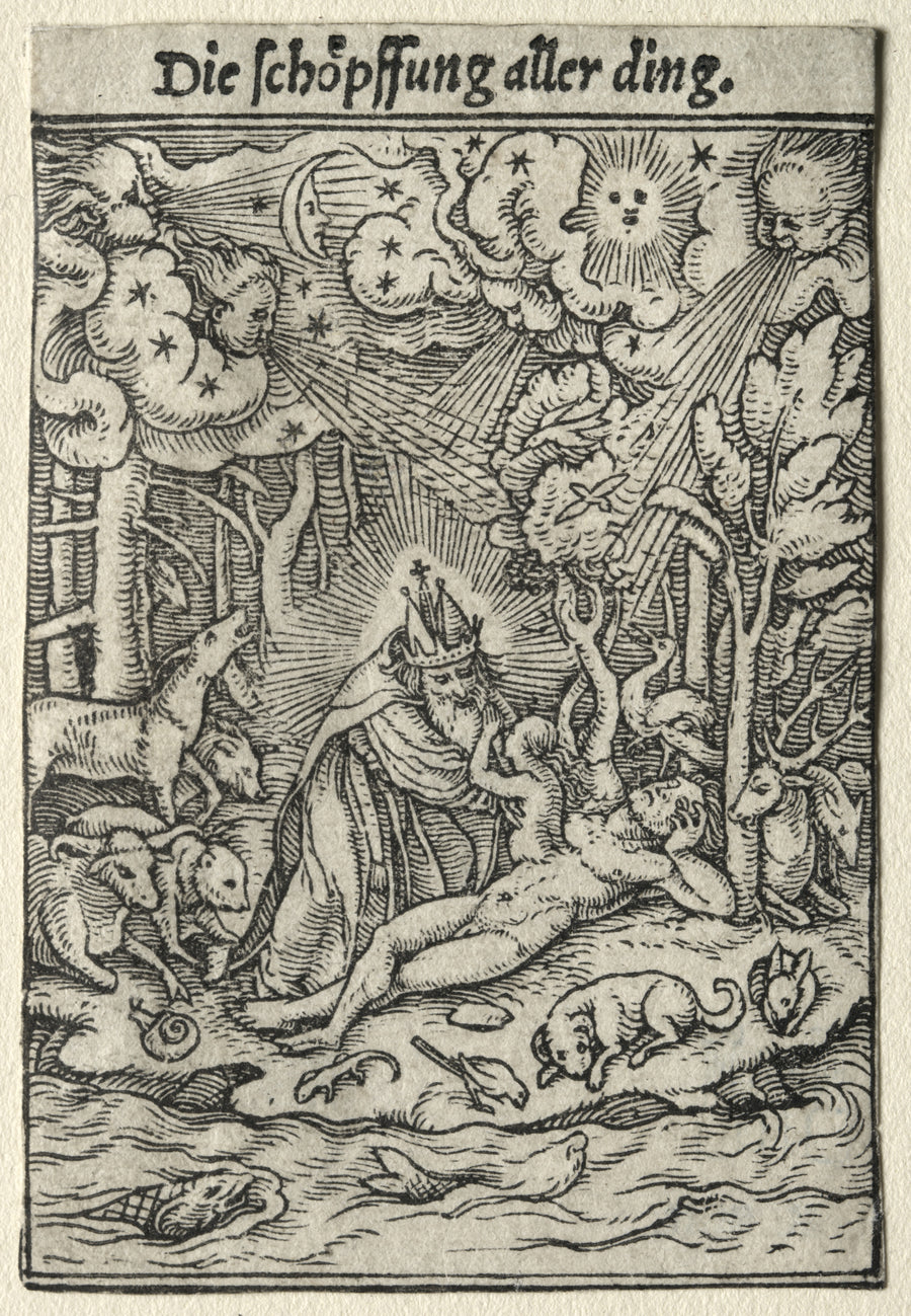 Hans Holbein the Younger — The Dance of Death: The Creation | Woodcut Print shown to scale on a wall above a sofa