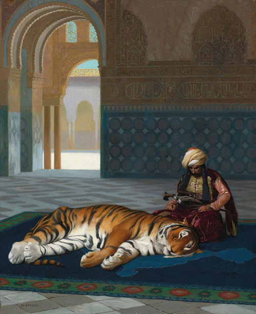 The Dead Tiger by Jean-Léon Gérôme — A man sits beside a dead tiger on a blue carpet in a palace hall