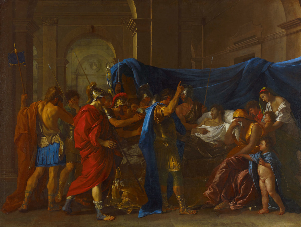 The Death of Germanicus by Nicolas Poussin — Soldiers and a weeping family gather at a deathbed under a blue canopy