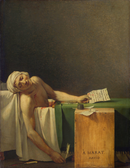 The Death of Marat by Jacques-Louis David — A man lies slumped in his bath, a letter still in his hand