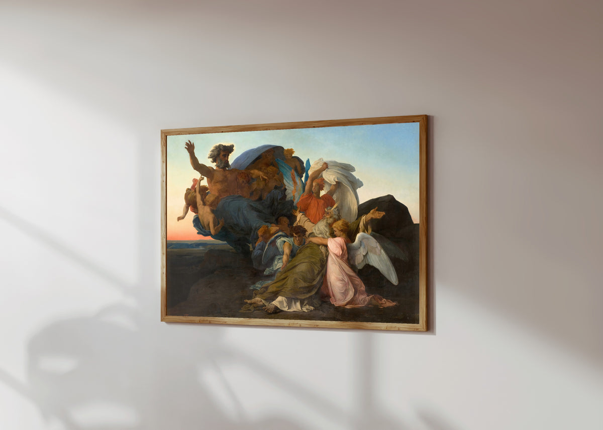 Framed art print of The Death of Moses by Alexandre Cabanel, in a light wood frame on a sunlit white wall, seen at a slight angle