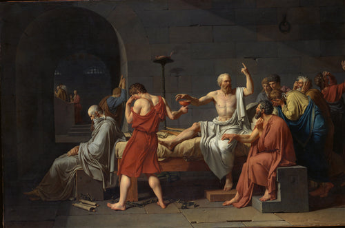 The Death of Socrates by Jacques-Louis David — A bearded philosopher raises a finger as a young man hands him a cup