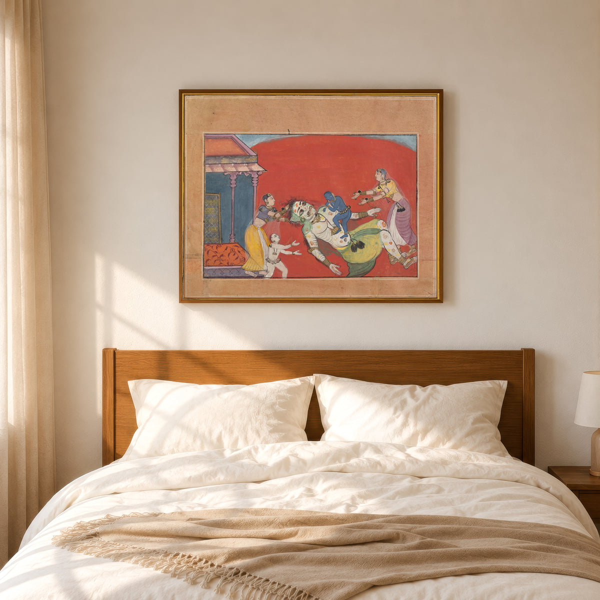 Framed art print of The Death of the Demoness Putana: Folio from a Bhagavata Purana… by Bikaner school, in a slim wood frame above a bed in a sunlit bedroom