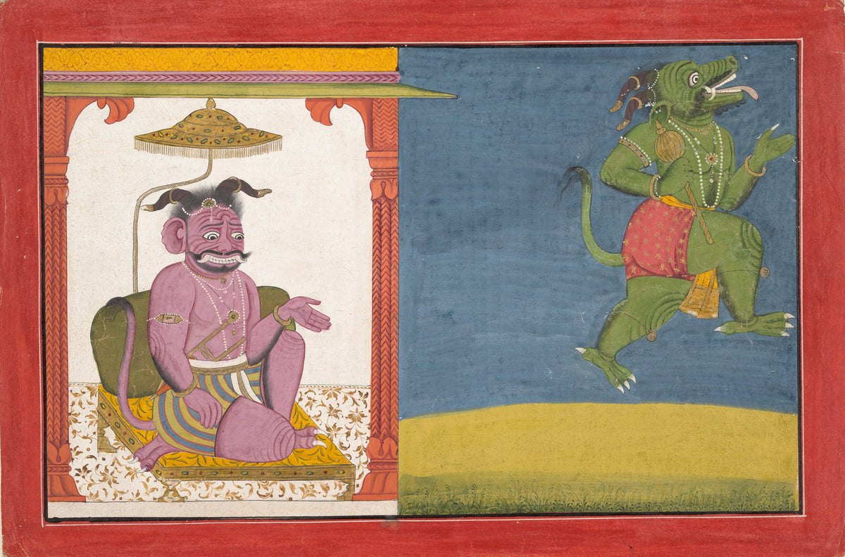 The Demon Hiranyaksha Departs the Demon Palace by Guler school — A purple demon on his throne, a green one striding off