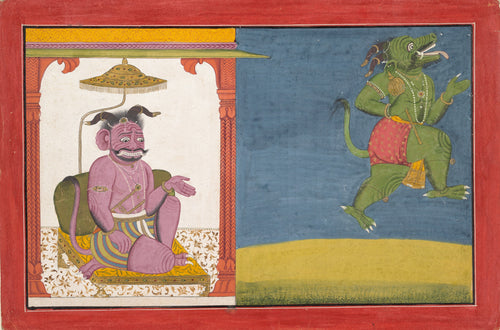The Demon Hiranyaksha Departs the Demon Palace by Guler school — A purple demon on his throne, a green one striding off