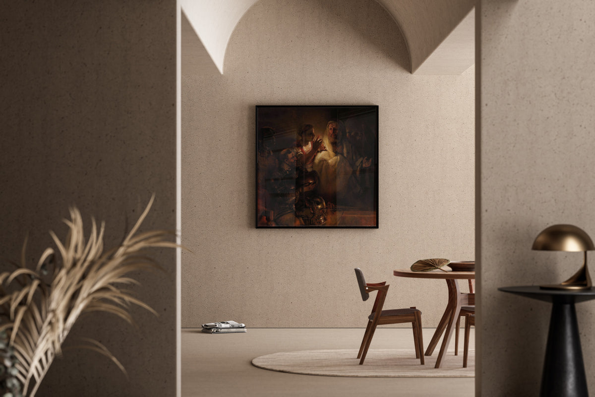 Framed art print of The Denial of St Peter by Rembrandt van Rijn, in a sunlit dining corner