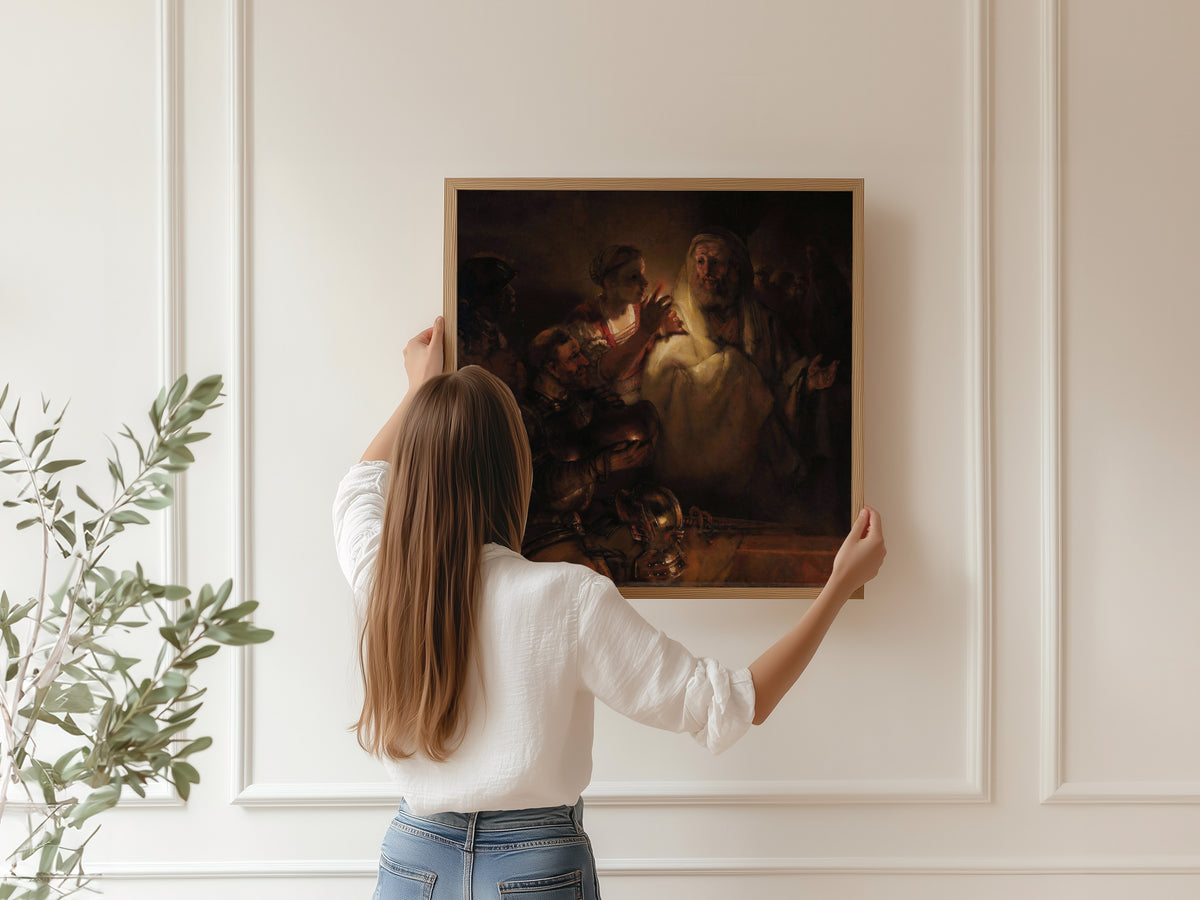 Framed art print of The Denial of St Peter by Rembrandt van Rijn, hung on a panelled wall