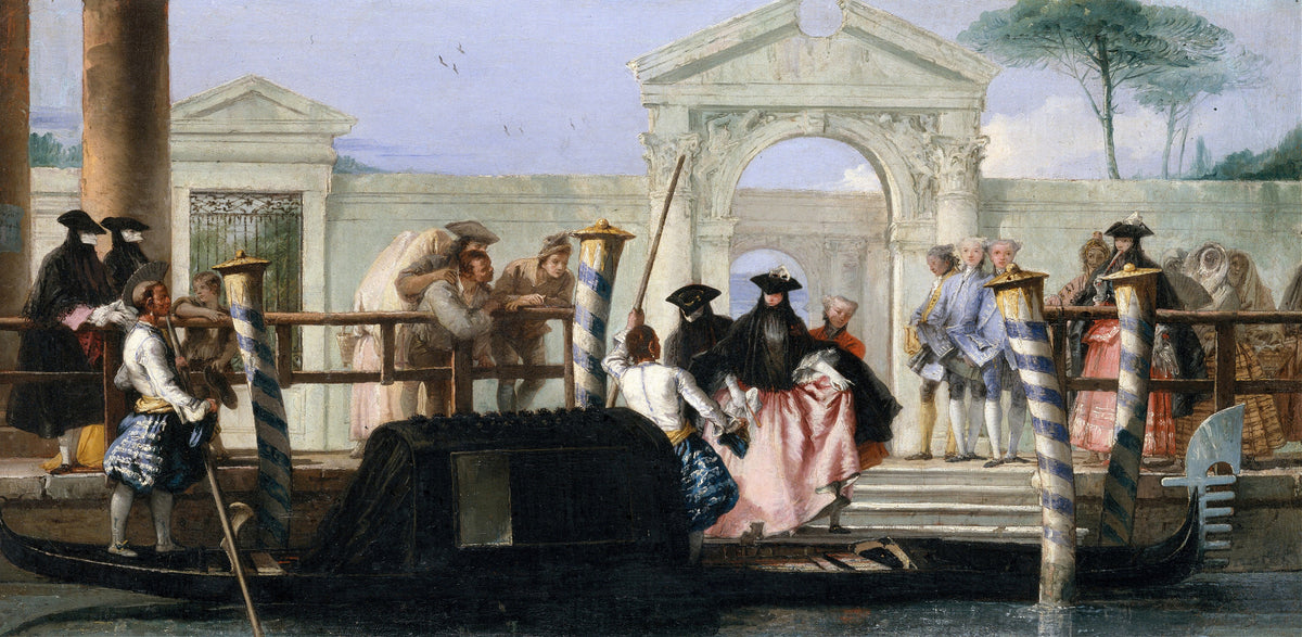 The Departure of the Gondola by Giovanni Domenico Tiepolo — A masked lady in pink steps from a black gondola at a garden gate