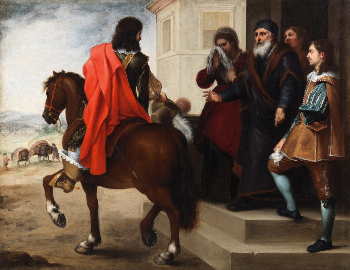The Departure of the Prodigal Son by Bartolomé Esteban Murillo — A young rider in a red cloak leaves a family weeping on the steps