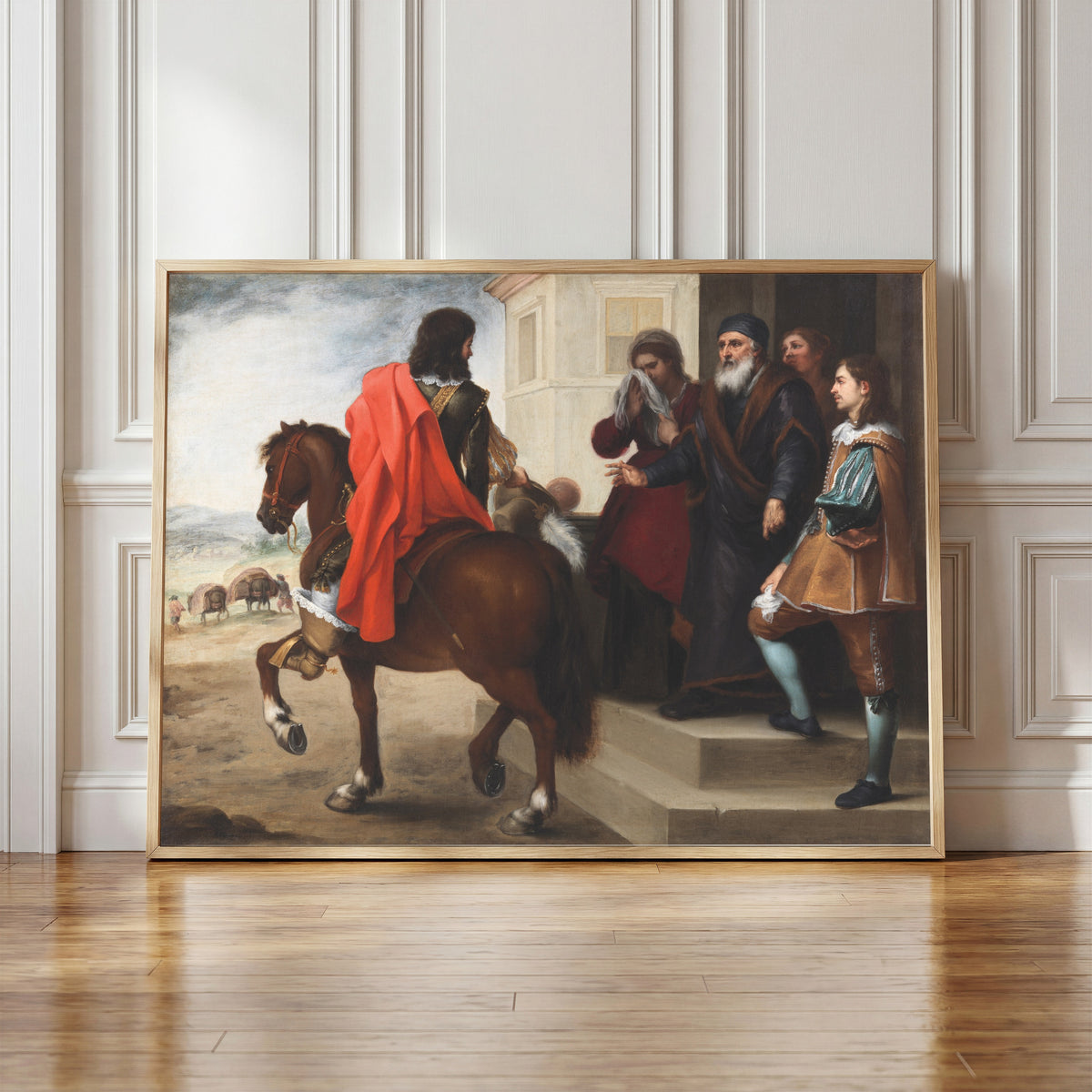 Framed art print of The Departure of the Prodigal Son by Bartolomé Esteban Murillo, in a light wood frame leaning against a panelled white wall