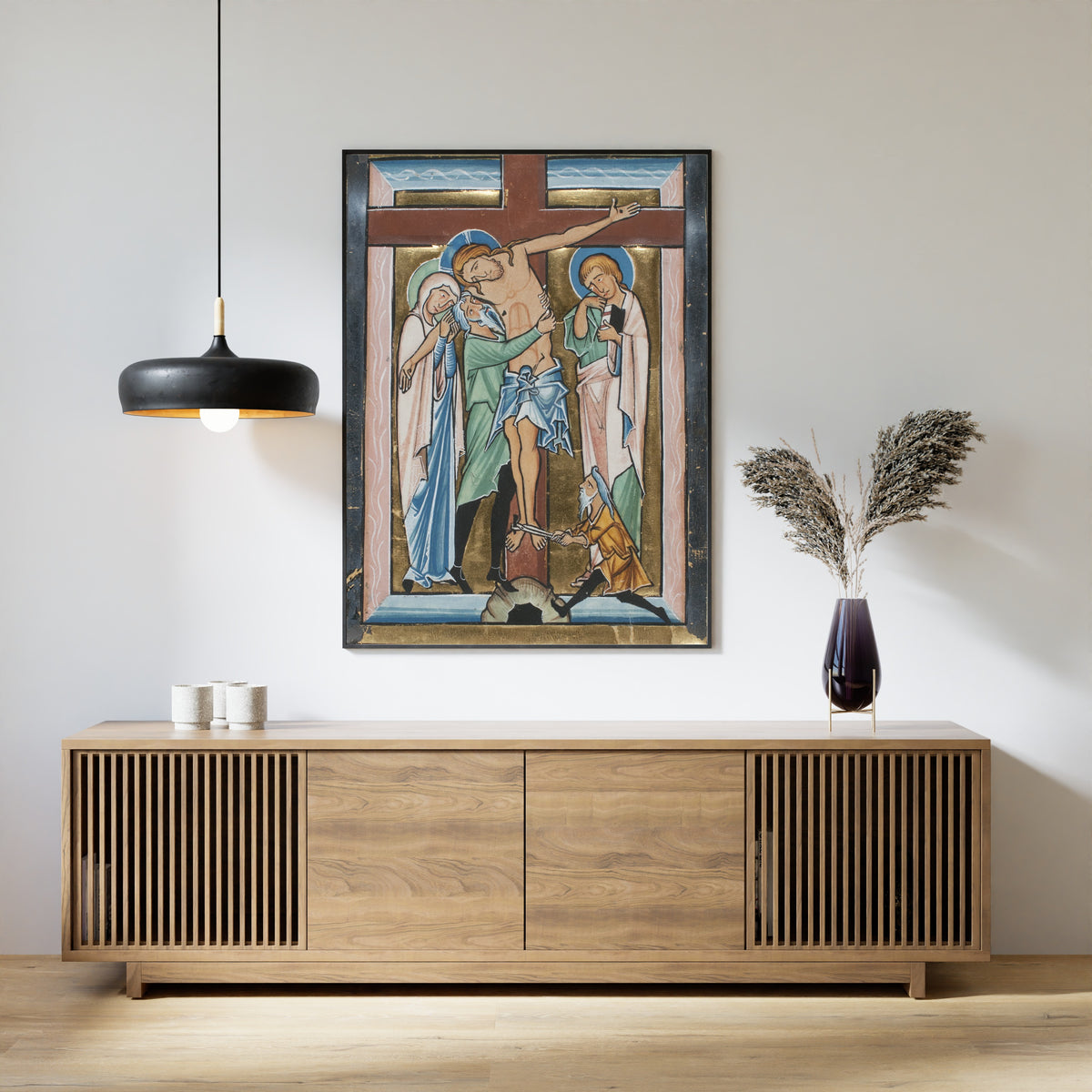 Framed art print of The Deposition, above a slatted wood sideboard