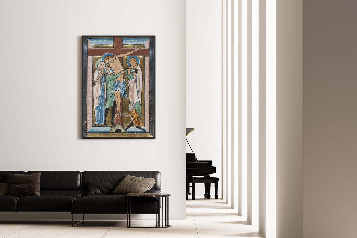 Framed art print of The Deposition, on the wall of a minimal living room
