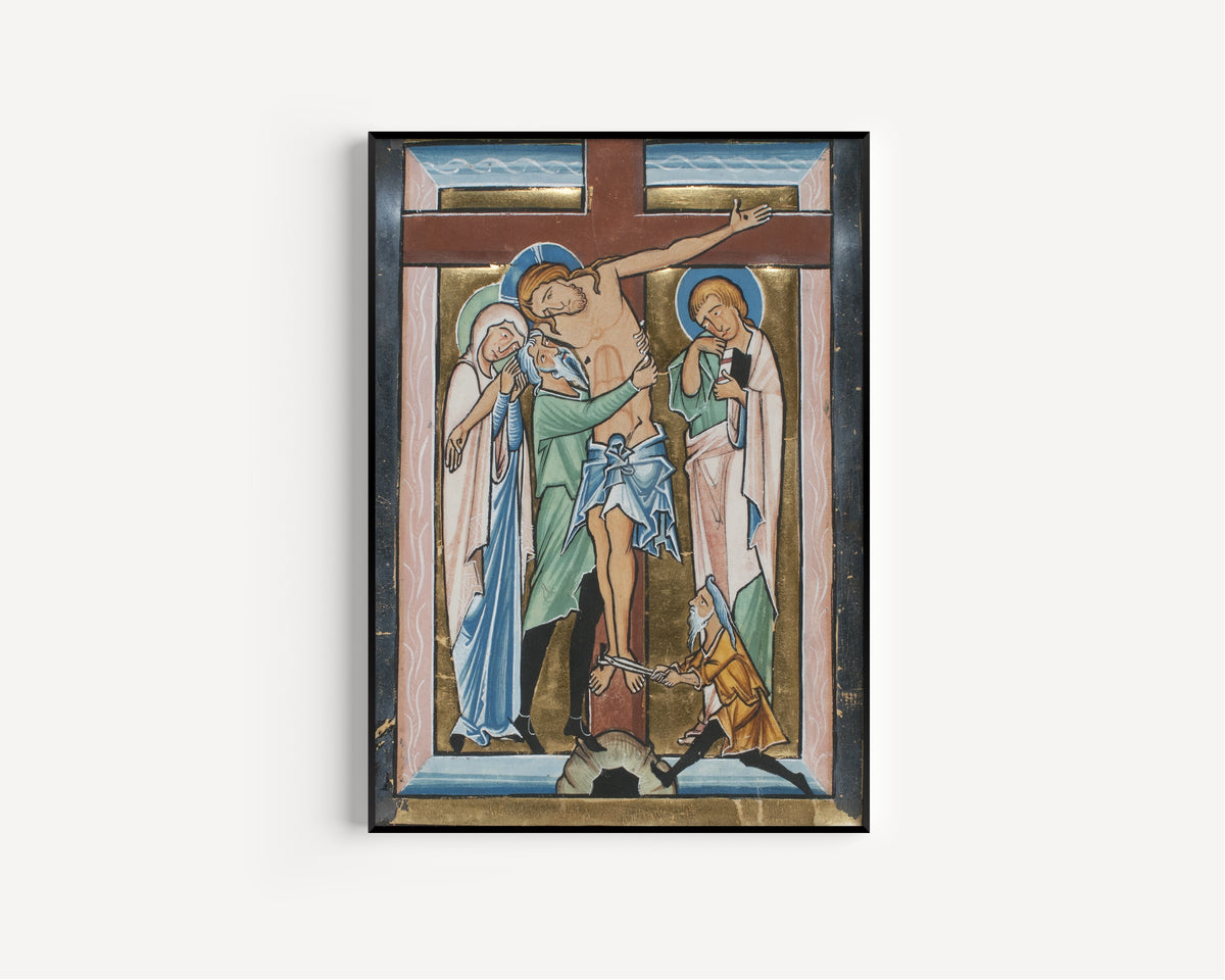 Framed art print of The Deposition, in a slim black frame on a plain white wall