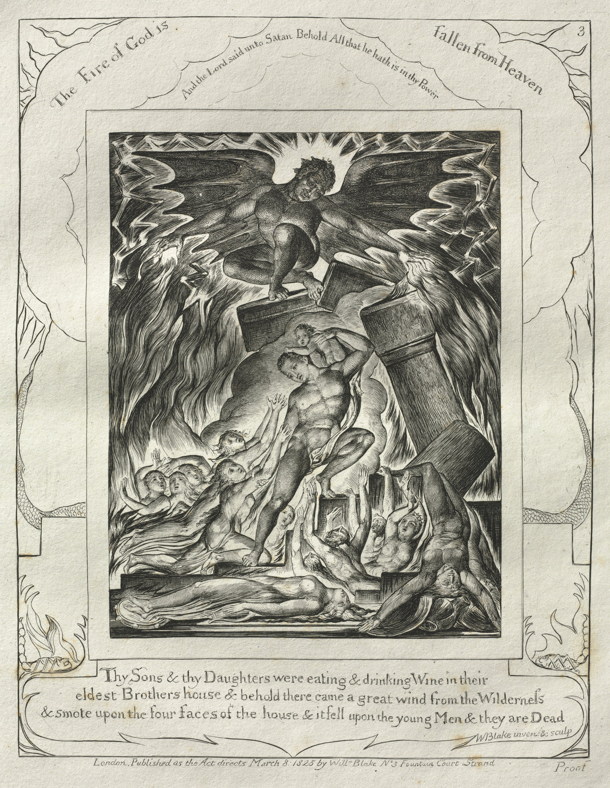 The Destruction of Job's Sons (Book of Job, Plate 3) by William Blake — Winged Satan brings the house down on Job's sons and daughters