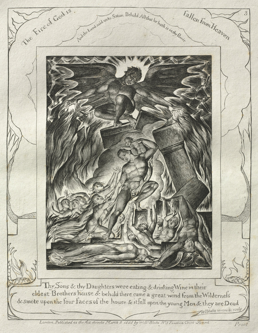 William Blake — The Destruction of Job's Sons (Book of Job, Plate 3) | Engraving Print shown to scale on a wall above a sofa