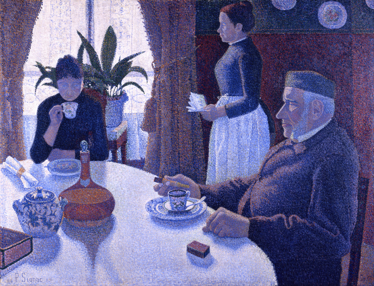 The Dining Room by Paul Signac — A breakfast table in blue light with a man, a woman and a maid