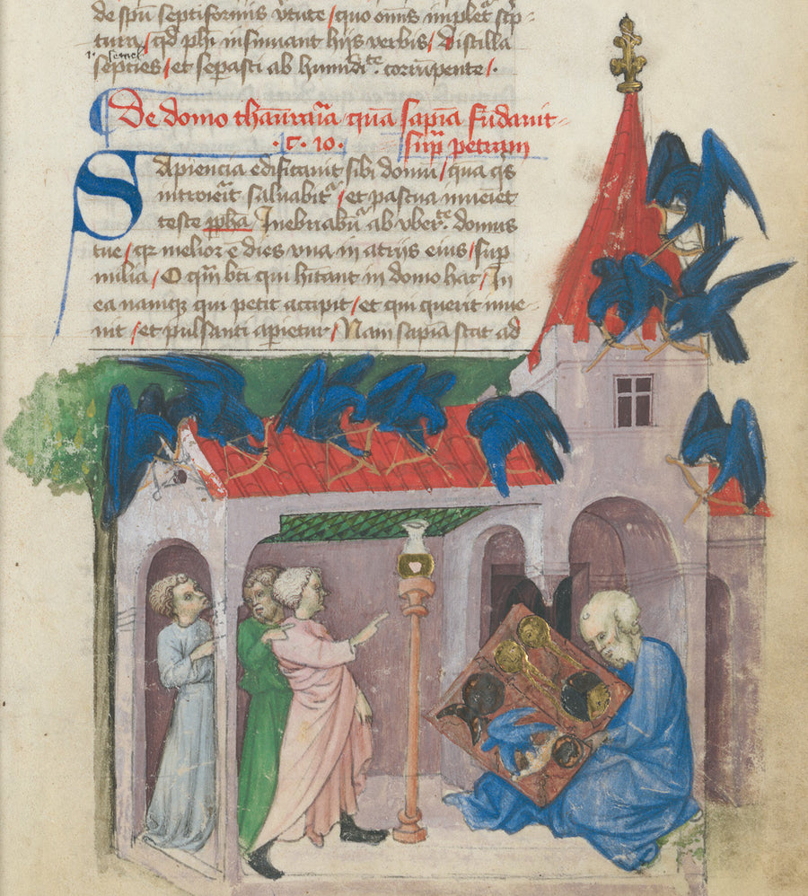 The Discovery of the Emerald Tablet (Aurora Consurgens, f. 3r) | Illuminated Manuscript Print shown to scale on a wall above a sofa