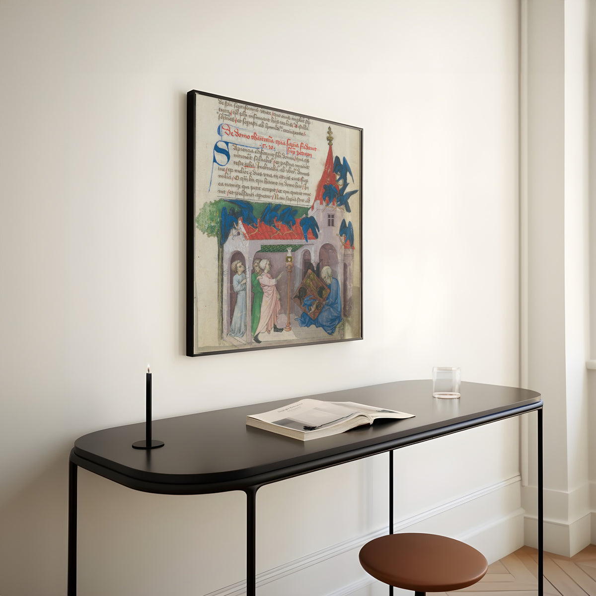 Framed art print of The Discovery of the Emerald Tablet (Aurora Consurgens, f. 3r) by Unknown artist, above a slim black console table