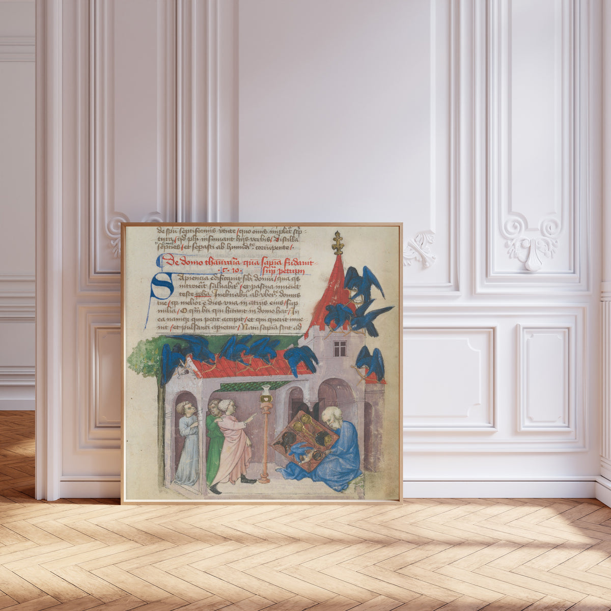 Framed art print of The Discovery of the Emerald Tablet (Aurora Consurgens, f. 3r) by Unknown artist, leaning against pale pink panelling on a herringbone floor