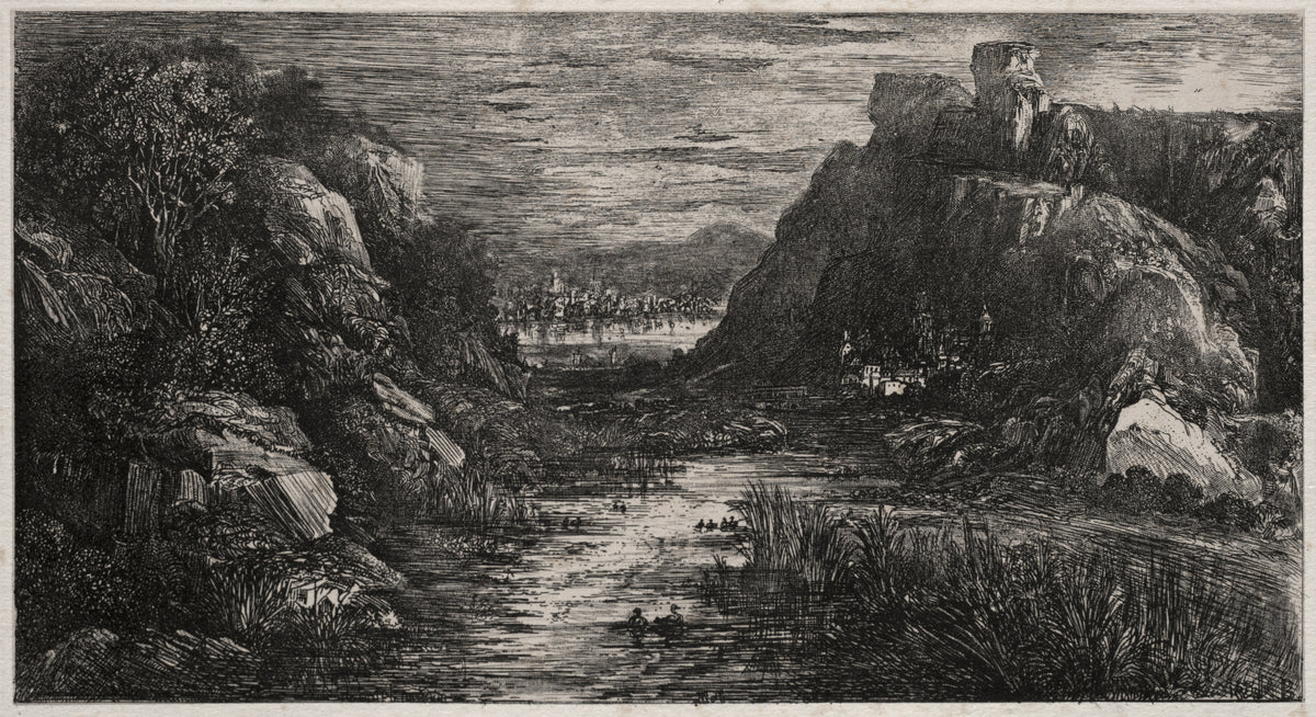 The Distant City by Rodolphe Bresdin — A reedy river leads between crags to a city on the far shore