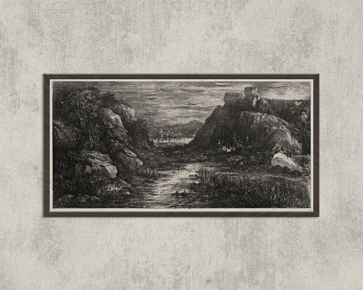 Framed art print of The Distant City by Rodolphe Bresdin, in a wide black frame on a concrete wall