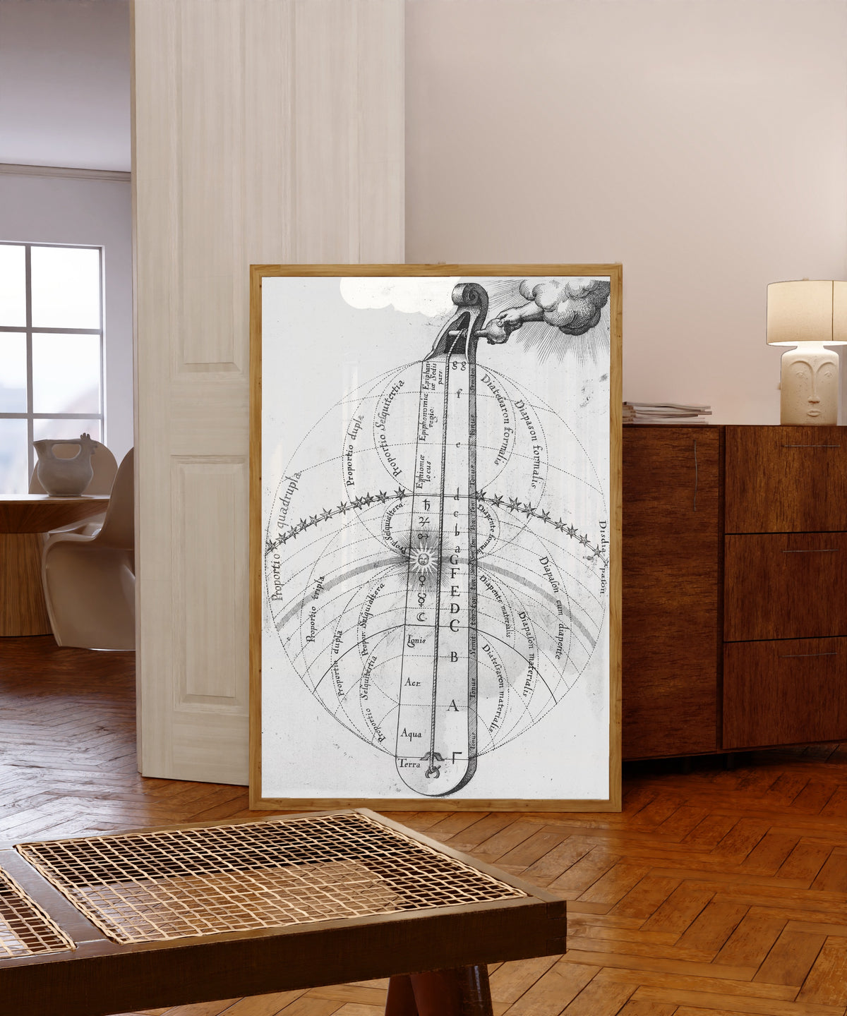 Framed art print of The Divine Monochord (Utriusque Cosmi, 1617) by Robert Fludd, in a light wood frame leaning in a warm room with a parquet floor